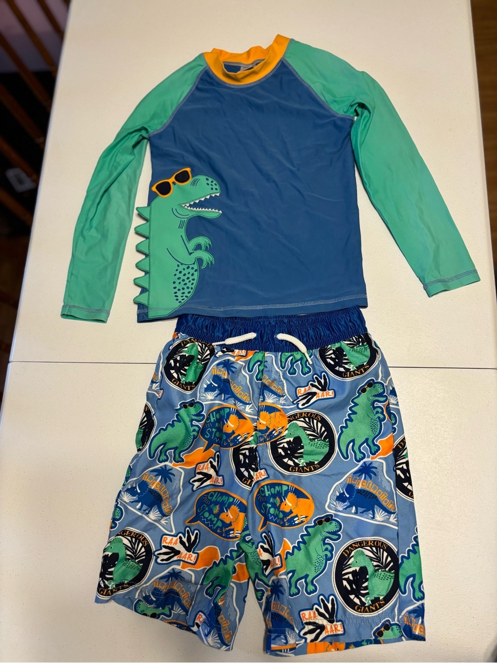 Gymboree Blue & Green Dinosaur Rashguard Swim Set with Orange Collar